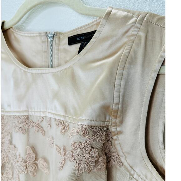BCBGMAXAZRIA Tan Satin & Floral Lace Round Neck Mini Dress 6 - Picture 3 of 13